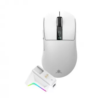 White Shark GAWAIN-W bezvadu spēļu pele – 12000 DPI, 500mAh akumulators, 56g, balta