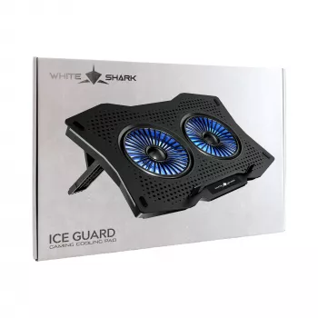 White Shark ICE GUARD GCP-4 dzesēšanas paliktnis ar diviem 125 mm ziliem LED ventilatoriem, 5 augstuma iestatījumiem, līdz 17,3 collām