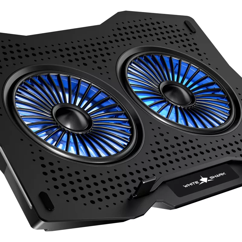 White Shark ICE GUARD GCP-4 dzesēšanas paliktnis ar diviem 125 mm ziliem LED ventilatoriem, 5 augstuma iestatījumiem, līdz 17,3 collām