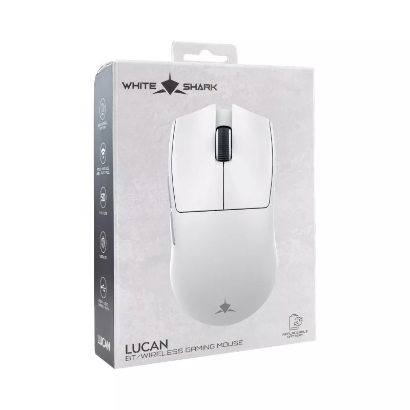 White Shark LUCAN-W WGM-5022 12000 DPI bezvadu spēļu pele, balta