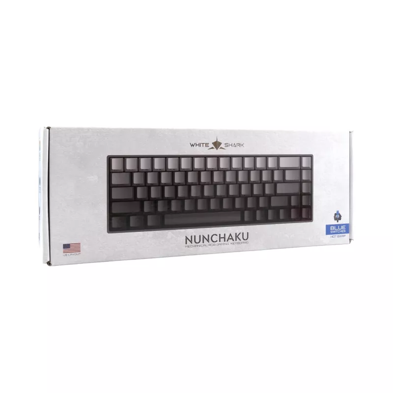 White Shark Nunchaku mehāniskā spēļu tastatūra TKL, pelēka, Outemu Blue slēdži, RGB Hot-Swap, vadu USB