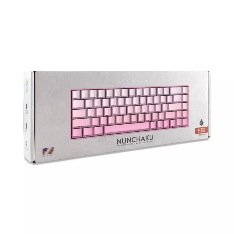 White Shark NUNCHAKU-P-US-RED.SW TKL mehāniskā spēļu tastatūra - 87 taustiņi, Outemu Red slēdži, RGB fona apgaismojums, rozā