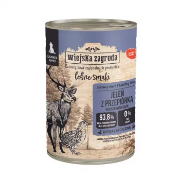 WIEJSKA ZAGRODA Forest Flavors kucēnu briedis ar paipalām mitrā suņu barība 400g