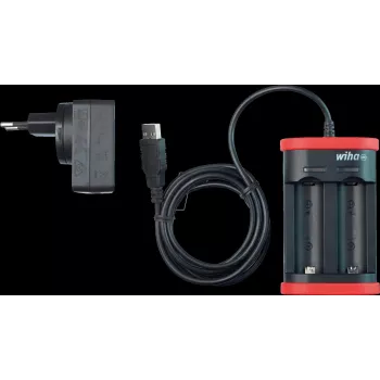 WIHA 41915 USB lādētājs Li-Ion akumulatoriem, 2 ligzdas, 5V DC ieeja, 3,6V DC izeja, 1A uz ligzdu, LED indikators, melns/sarkans