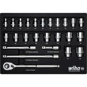 Wiha 44740 1/2 collu uzgriežņu atslēgu komplekts 39 gab. ar smalkzobu sprūdratu, Hex un TORX E-profila, hroma-vanādija, 10-32mm / E10-E24, DIN 3120