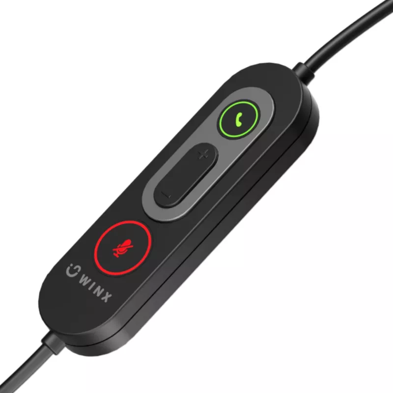 WINX CALL Pro 2 Mono AI trokšņu slāpējošas austiņas ar vadu USB-A, grozāmu mikrofona kātu, vadības pogām uz kabeļa, mīkstu PU ādas auss spilventiņu, melnas
