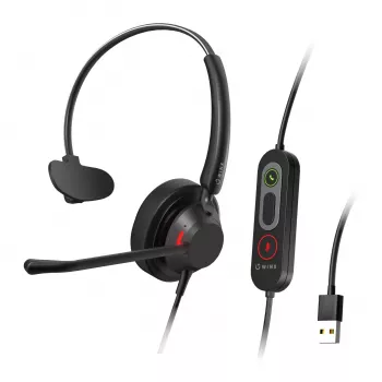 WINX CALL Pro 2 Mono AI trokšņu slāpējošas austiņas ar vadu USB-A, grozāmu mikrofona kātu, vadības pogām uz kabeļa, mīkstu PU ādas auss spilventiņu, melnas