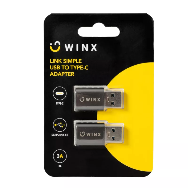WINX LINK Simple USB uz Type-C adapteru dubultpakete (USB-A vīrietis uz USB-C sieviete, 5Gbps, 15W, Space Grey, 2 gab.)