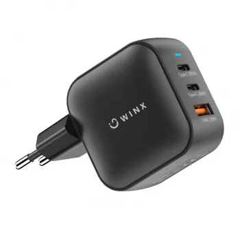 WINX POWER Max 65W GaN sienas lādētājs - 2x USB-C PD, 1x USB-A QC, melns
