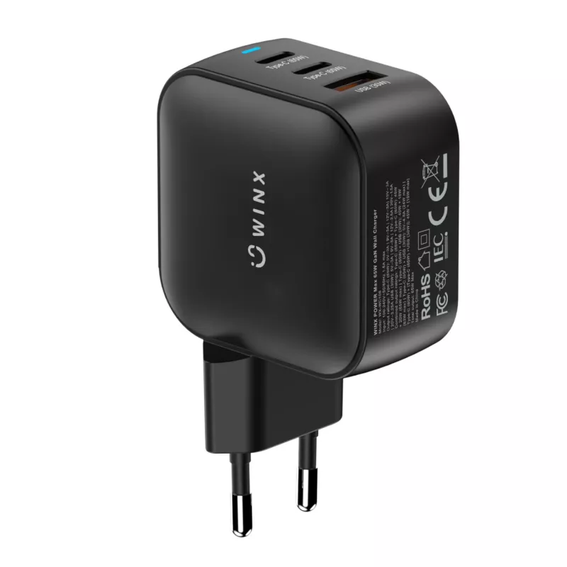 WINX POWER Max 65W GaN sienas lādētājs - 2x USB-C PD, 1x USB-A QC, melns