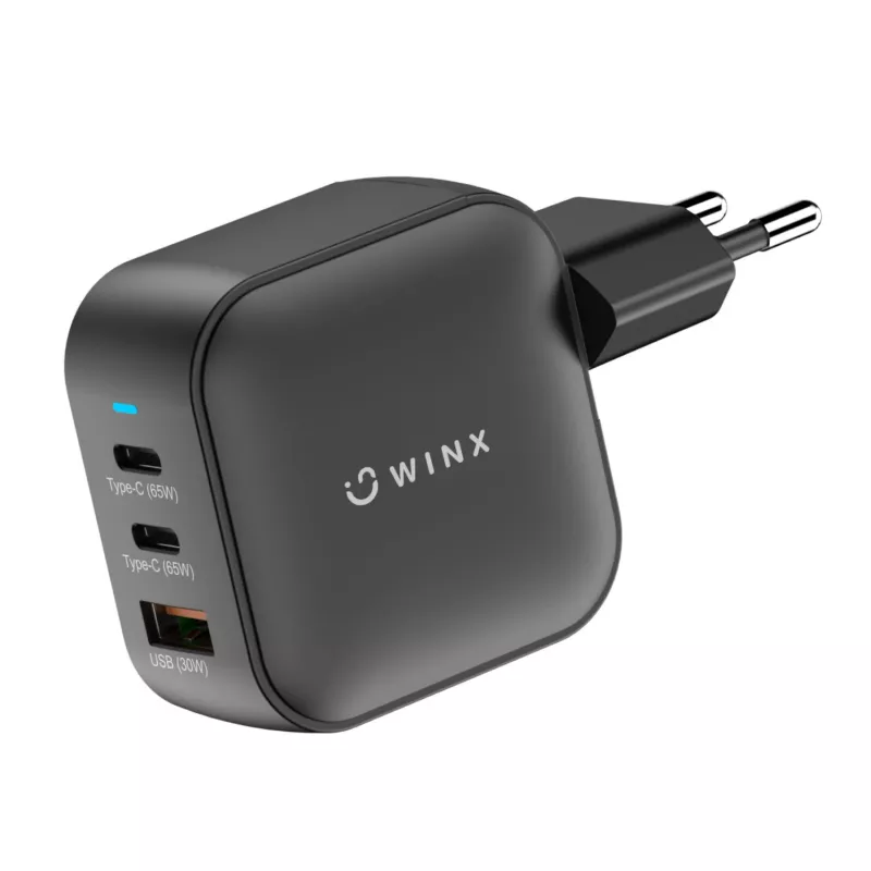 WINX POWER Max 65W GaN sienas lādētājs - 2x USB-C PD, 1x USB-A QC, melns
