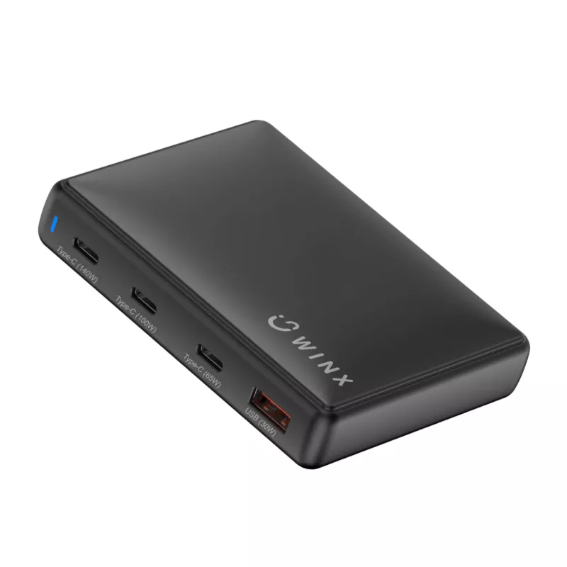 WINX POWER Ultra 140W GaN galda lādētājs - 2x USB-C PD 100W + USB-A QC 22.5W, melns