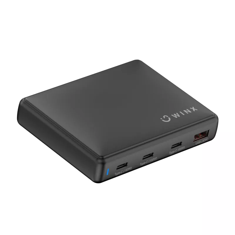 WINX POWER Ultra 140W GaN galda lādētājs - 2x USB-C PD 100W + USB-A QC 22.5W, melns