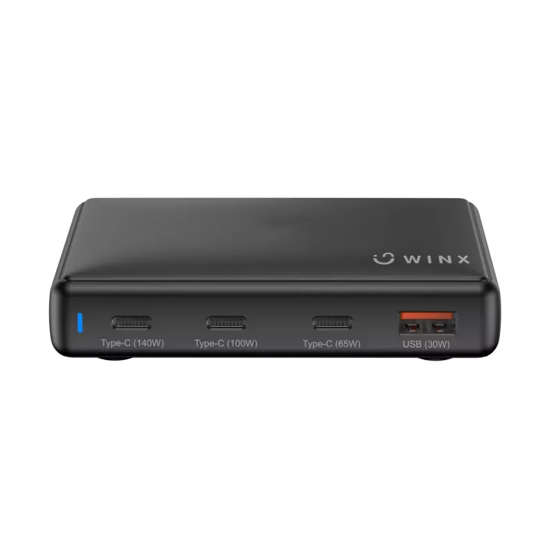 WINX POWER Ultra 140W GaN galda lādētājs - 2x USB-C PD 100W + USB-A QC 22.5W, melns