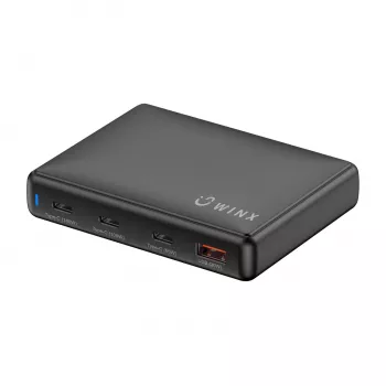 WINX POWER Ultra 140W GaN galda lādētājs - 2x USB-C PD 100W + USB-A QC 22.5W, melns
