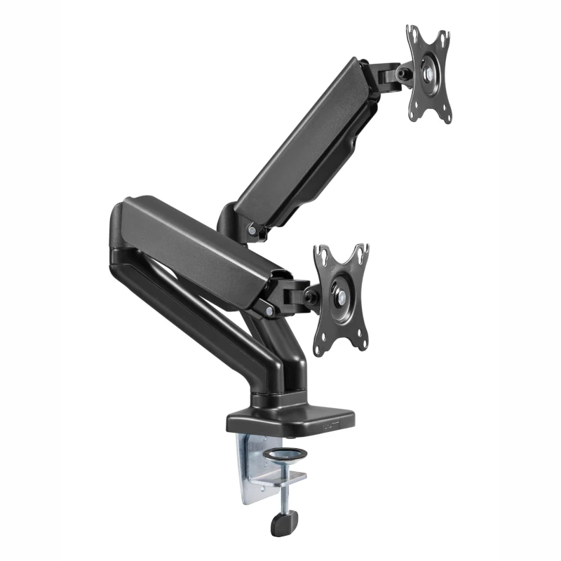WINX RISE Pro Dual Full Motion Monitor Arm - Gāzes atsperes galda stiprinājums 2 ekrāniem 17 inch-32 inch, VESA 75/100, 18kg kopā, skava un uzmava, melns