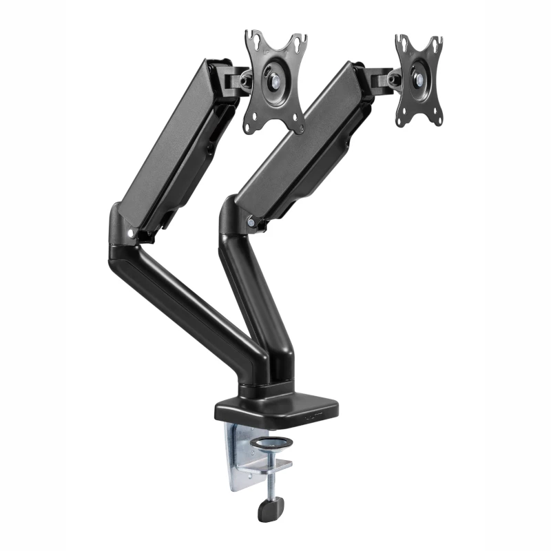WINX RISE Pro Dual Full Motion Monitor Arm - Gāzes atsperes galda stiprinājums 2 ekrāniem 17 inch-32 inch, VESA 75/100, 18kg kopā, skava un uzmava, melns