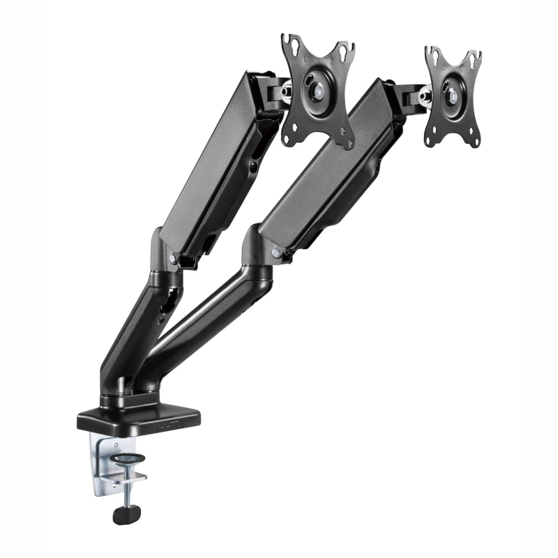 WINX RISE Pro Dual Full Motion Monitor Arm - Gāzes atsperes galda stiprinājums 2 ekrāniem 17 inch-32 inch, VESA 75/100, 18kg kopā, skava un uzmava, melns
