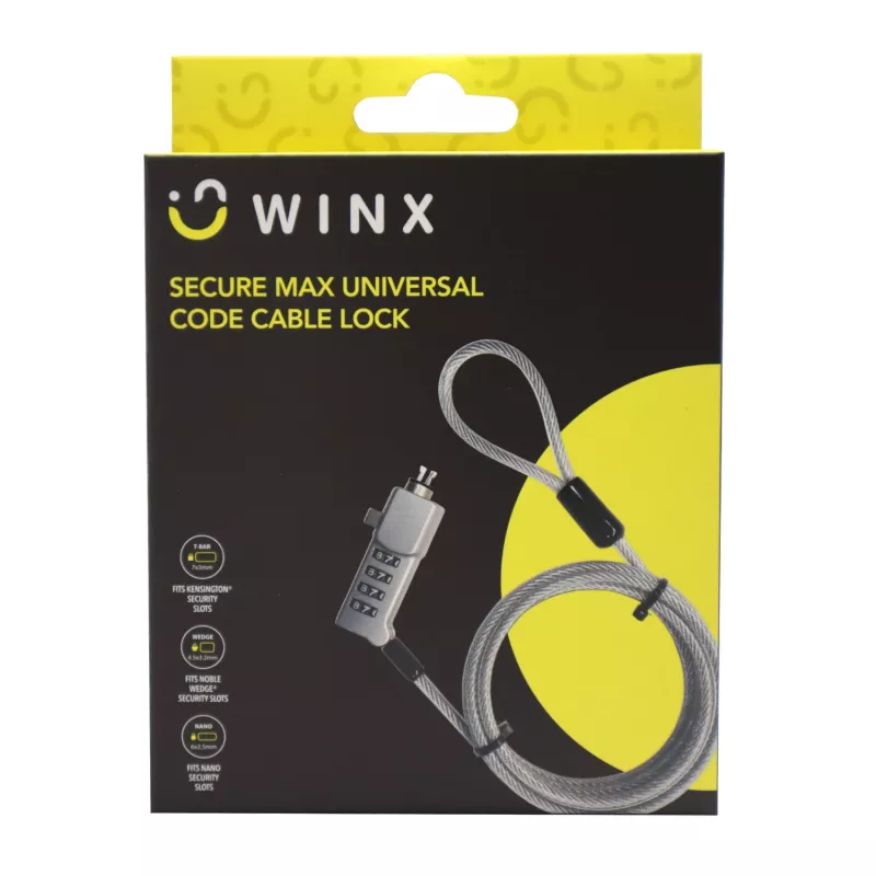 WINX Secure Max universālā koda troses slēdzene - 4 ciparu pārslēdzama kombinācija, pīta tērauda, 1,8 m, melna/sudraba