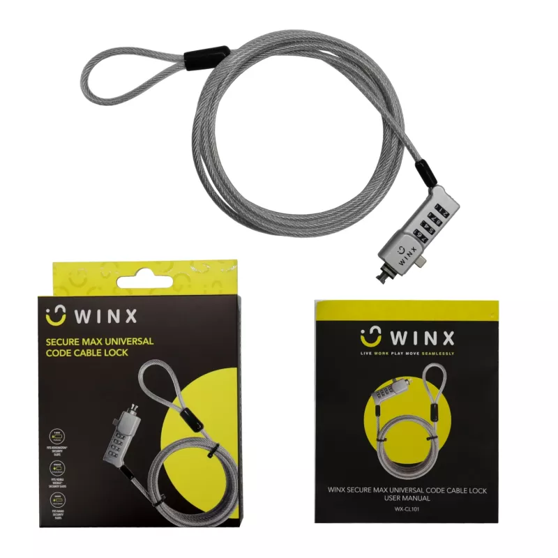 WINX Secure Max universālā koda troses slēdzene - 4 ciparu pārslēdzama kombinācija, pīta tērauda, 1,8 m, melna/sudraba