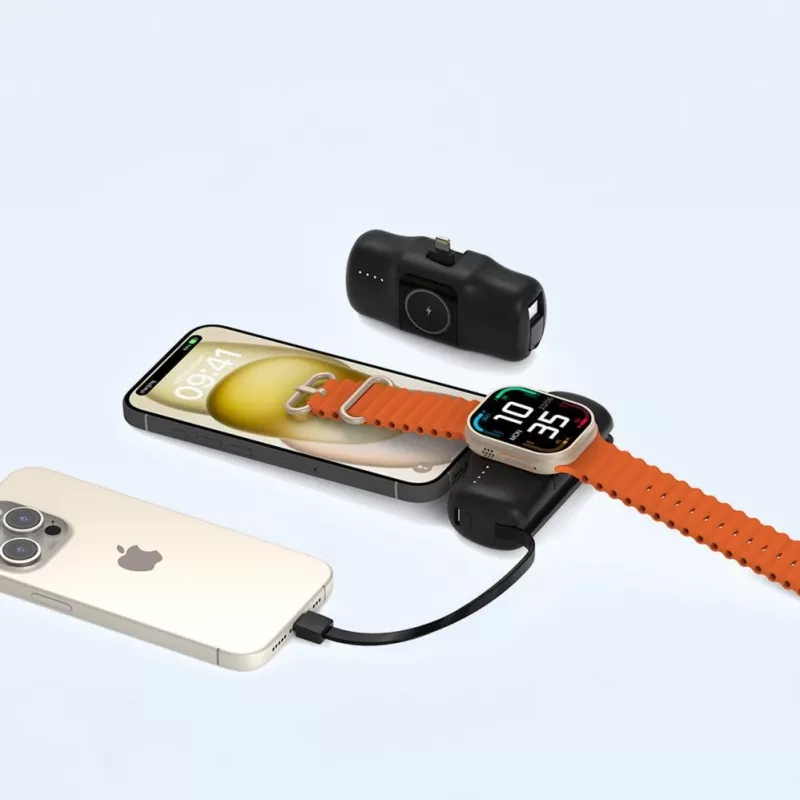 Wozinsky WF16-YLS Mini Power Bank 5000mAh 15W ar iebūvētu USB-C kabeli un Apple Watch lādētāju - Melns