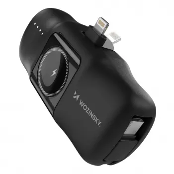 Wozinsky WF16-YLS Mini Power Bank 5000mAh 15W ar iebūvētu USB-C kabeli un Apple Watch lādētāju - Melns