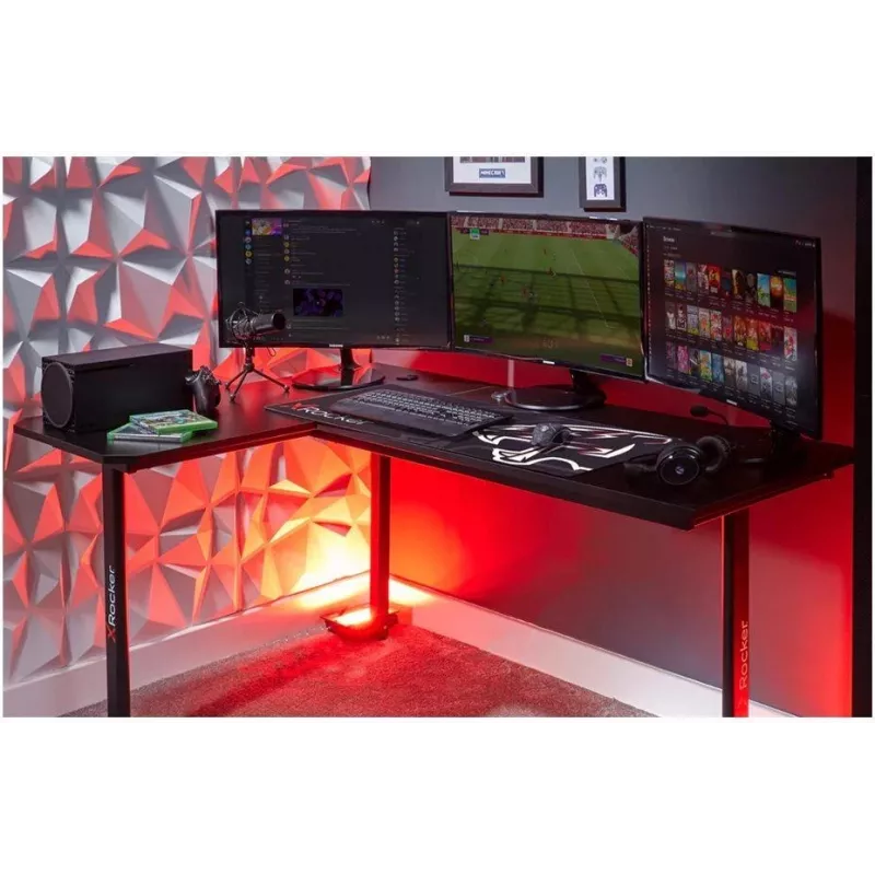 X Rocker 2022068 L-veida stūra spēļu galds ar RGB LED apgaismojumu, oglekļa šķiedras efekts, melns