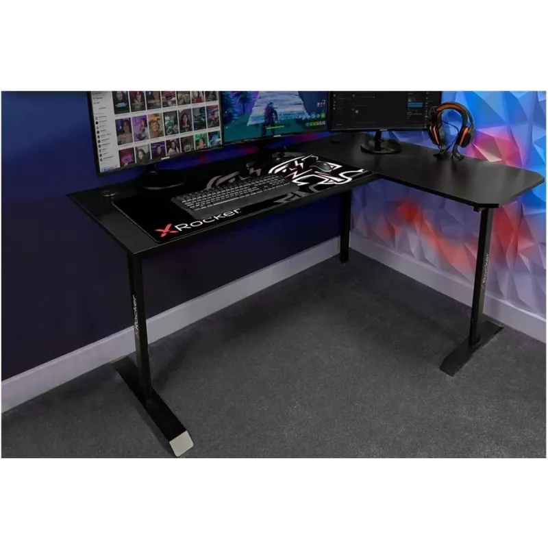 X Rocker 2022068 L-veida stūra spēļu galds ar RGB LED apgaismojumu, oglekļa šķiedras efekts, melns