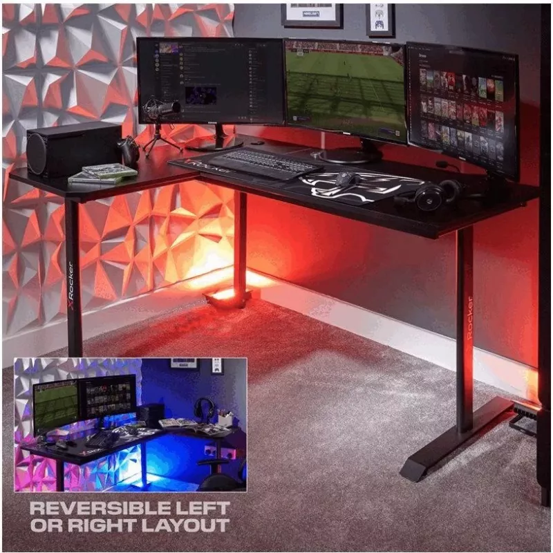 X Rocker 2022068 L-veida stūra spēļu galds ar RGB LED apgaismojumu, oglekļa šķiedras efekts, melns