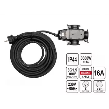 Yato YT-81162 Pagarinātājs 20 m 3 AC kontaktligzdas Iekštelpām/Ārtelpām Melns