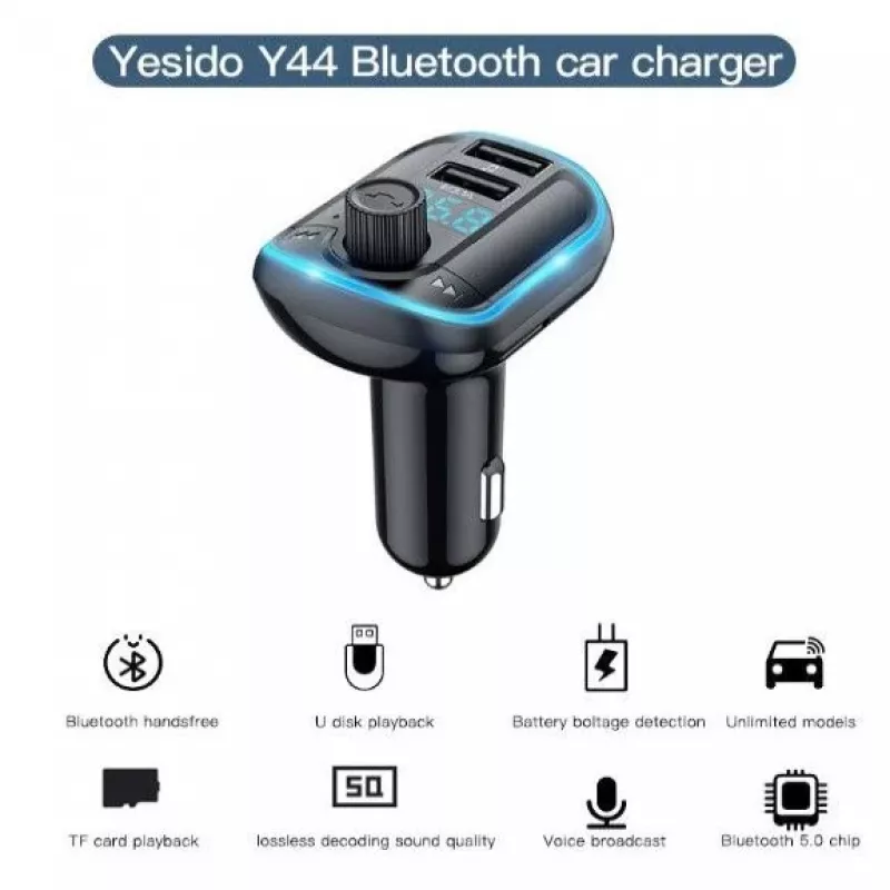 YESIDO Y44 MP3 atskaņotājs Bluetooth auto lādētājs ar QC3.0, LED displeju, brīvroku zvanīšanu, melns