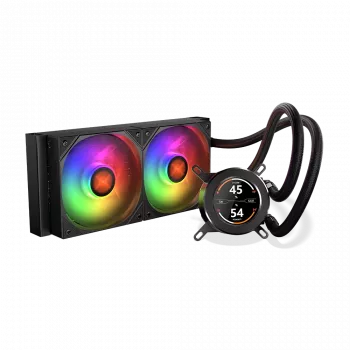 240 mm AIO CPU šķidruma dzesētājs KRUX HydroGlance 240 ARGB LCD — 240 mm radiators, ARGB apgaismojums, LCD displejs