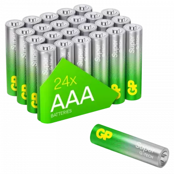 GP Super Alkaline AAA baterijas 1.5V — 24 gab. iepakojumā (modelis 03024AETA-B24)
