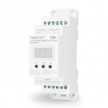 MiBoxer D4-T 5 kanālu DMX512/RDM LED dekoders, DIN sliedei, 12–48 V, 20 A