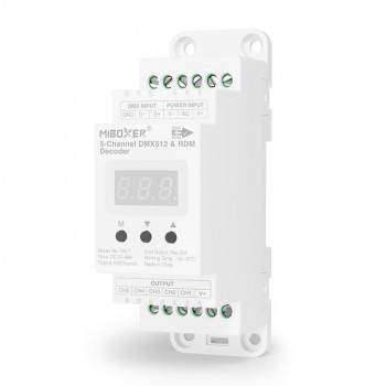 MiBoxer D5-T 5 kanālu DMX512/RDM LED dekoders, DIN sliedei, 12–48 V, 20 A