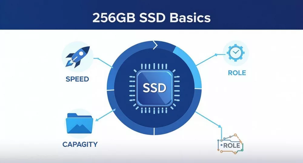 Diagramma, kas ilustrē 256GB SSD pamatus, aptverot ātrumu, ietilpību un lomas ar ikonām.