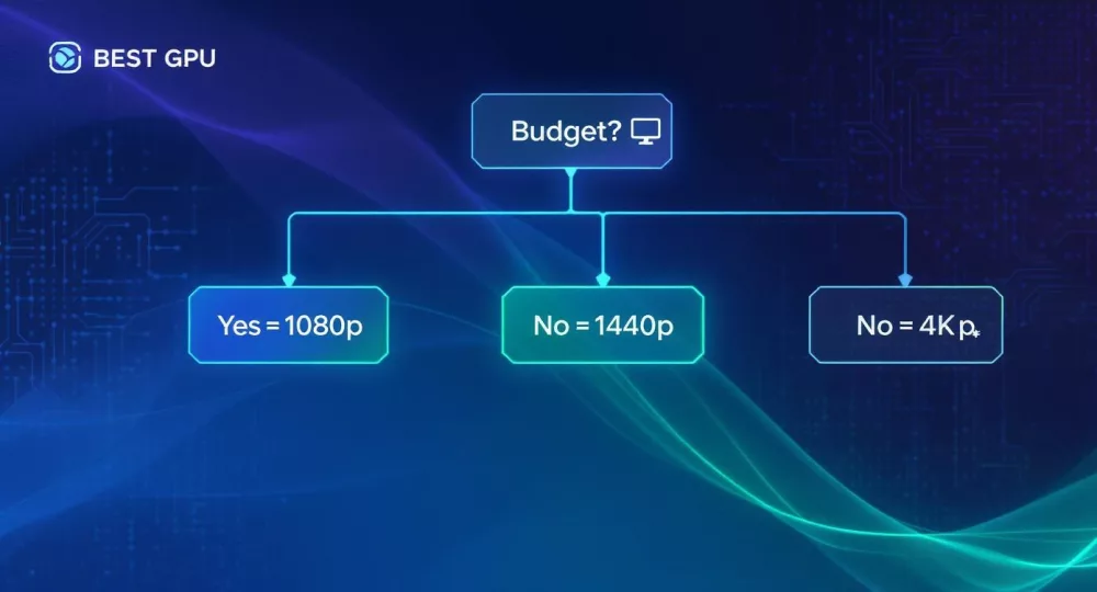 Blokshēma, kas parāda videokartes izvēli atkarībā no spēļu budžeta 1080p, 1440p un 4K izšķirtspējām