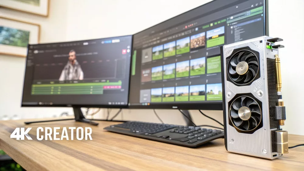 Augstas veiktspējas videokarte attēlota ar diviem monitoriem, kuros redzama video rediģēšanas programmatūra 4K satura veidošanai