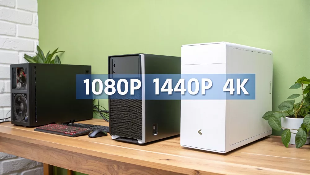 Trīs spēļu datoru korpusi, kas demonstrē 1080P, 1440P un 4K izšķirtspējas iespējas uz koka galda