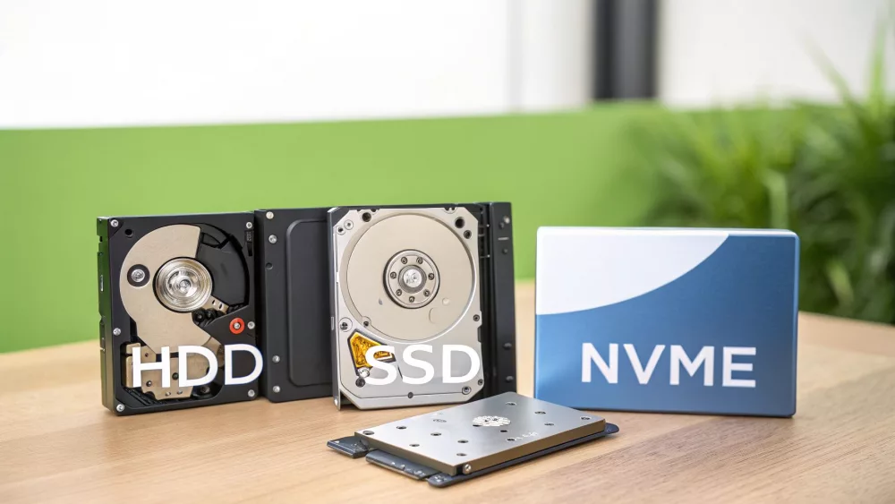 Dažādu datu glabāšanas ierīču izstāde, tostarp atvērts HDD, atvērts SSD un NVMe kastīte.