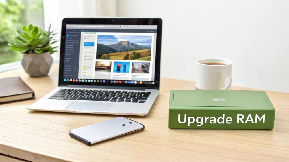 Klēpjdators, viedtālrunis, kafija un zaļa kaste ar uzrakstu 'Upgrade RAM' uz gaiša koka galda.