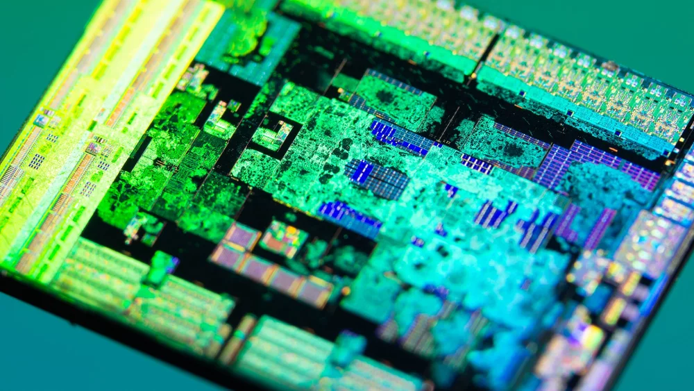 Processor die photographed under light