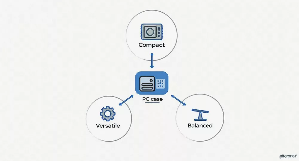 Diagramma, kas parāda PC korpusa iezīmes: kompakts dizains, daudzpusīga funkcionalitāte un līdzsvarota veiktspējas jauda